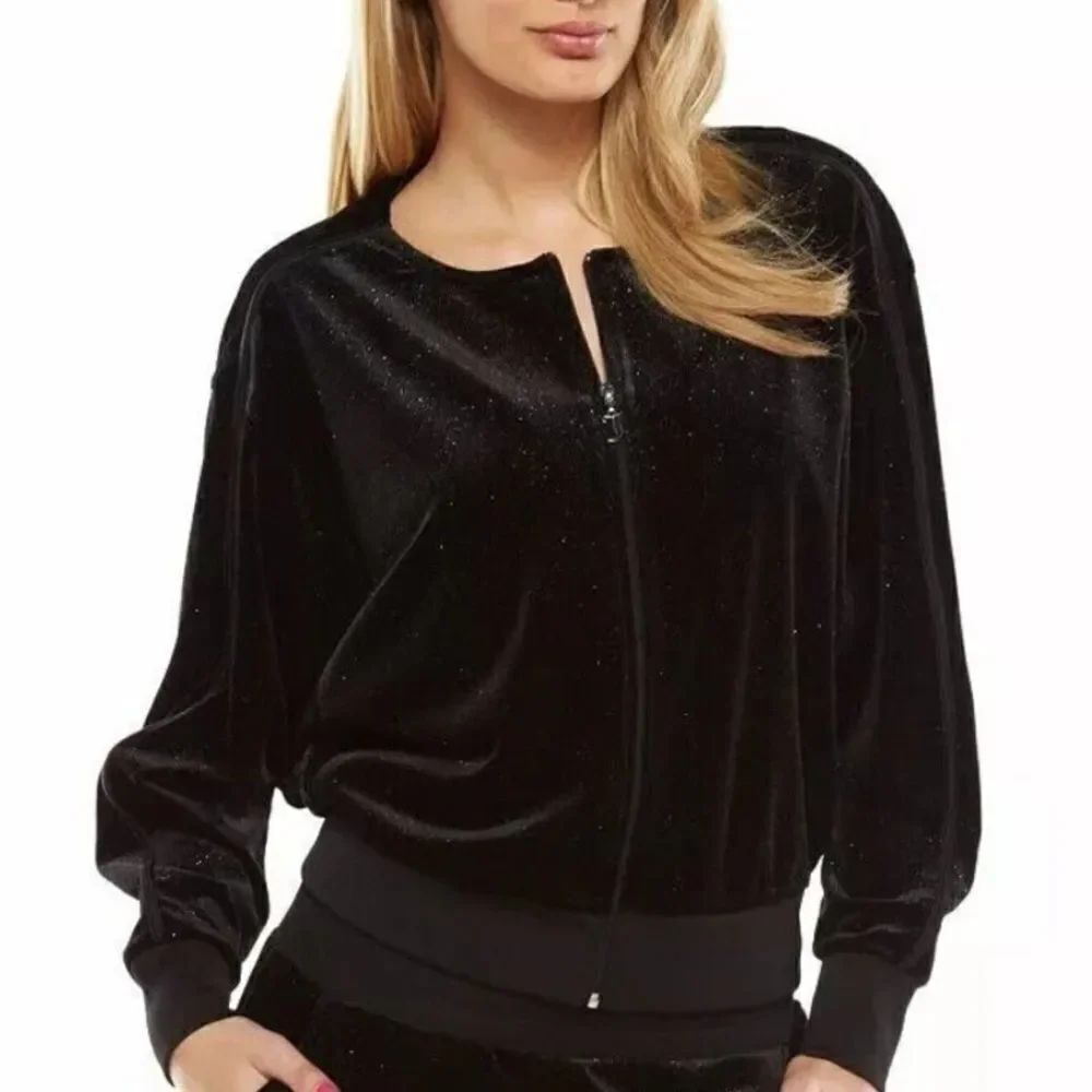Juicy Couture Black Glitter Sparkle Glam Holiday Party Zip Up Lounge Jacket